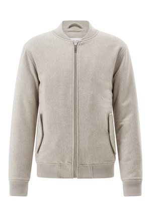 Light gray zip-up bomber jacket with ribbed collar, cuffs, and hem with two front flap pockets, displayed on white background.