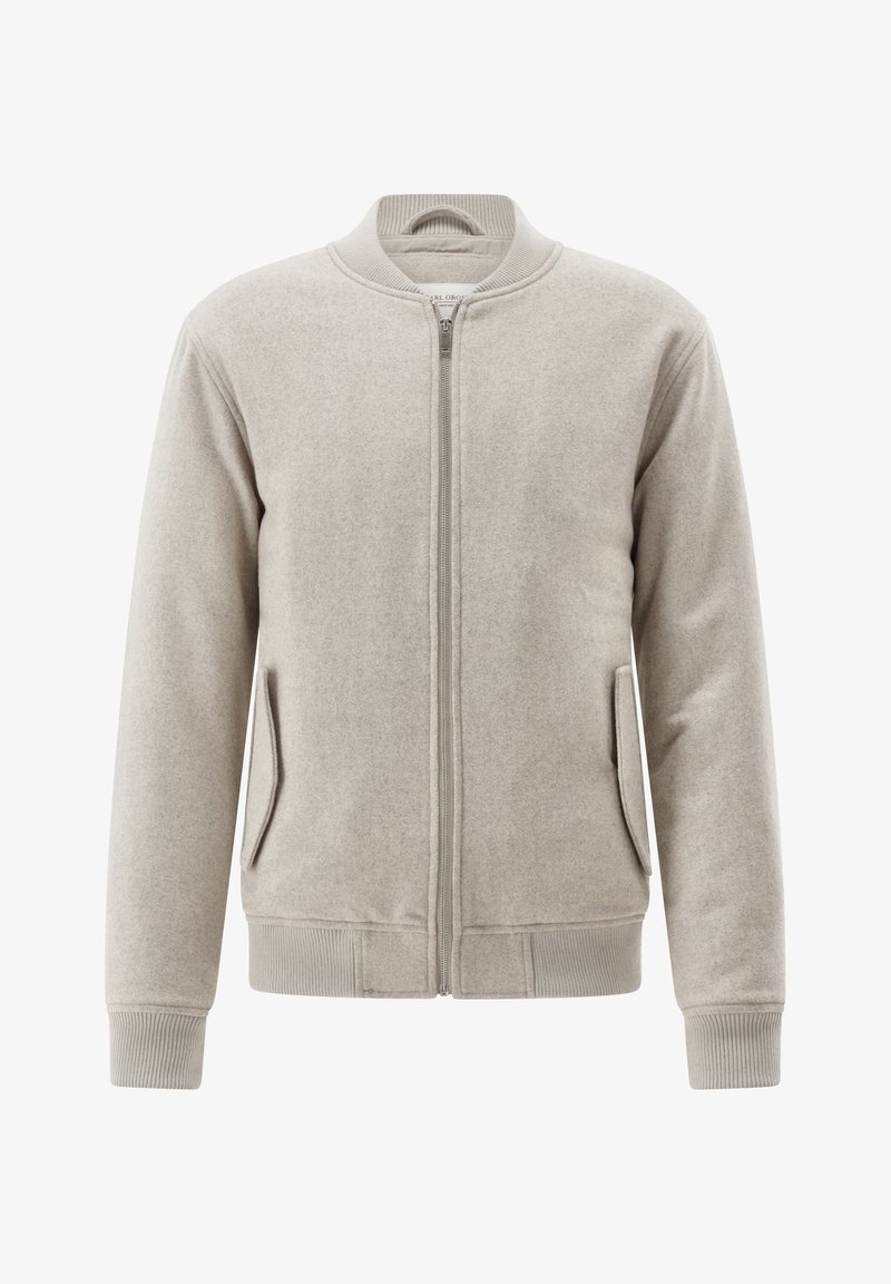 Light gray zip-up bomber jacket with ribbed collar, cuffs, and hem with two front flap pockets, displayed on white background.