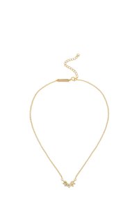 Collier de couleur or avec une chaîne délicate et un pendentif inspiré de la flore, comportant plusieurs petites gemmes dans un design symétrique.