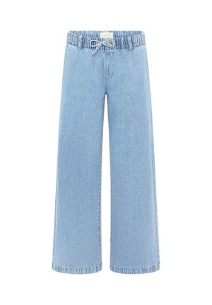 Pantaloni in denim azzurro chiaro a gamba larga con fascia elastica in vita e coulisse frontale, senza tasche visibili, isolati su sfondo bianco.
