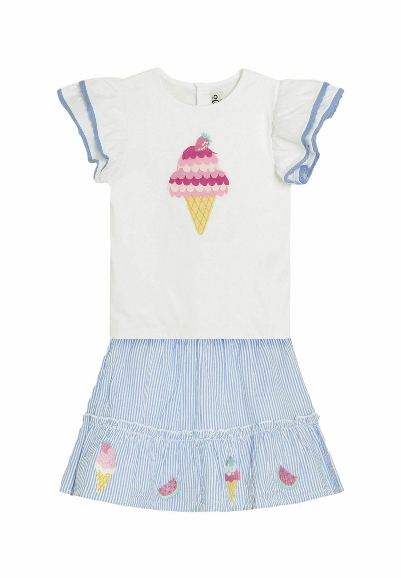 Valge kleit lühikeste ruffled varrukatega, millel on roosa jäätisekoonuse muster. Seelik on sinise ja valge triibuline, kaunistatud puuvilja appliqué'idega.