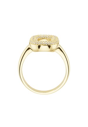Gold ring featuring a square-shaped top adorned with small clear stones, smooth band, polished finish, and a hollow center.
