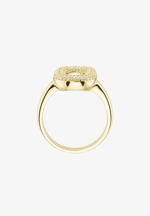 Goldring mit quadratischer Fassung, die mit kleinen klaren Steinen verziert ist, glatter Band, polierte Oberfläche und hohlem Zentrum.