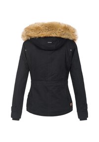 Schwarze Winterjacke für Frauen mit tailliertem Schnitt, langen Ärmeln und Kapuze, die mit hellem Kunstfell verziert ist, von hinten gezeigt.