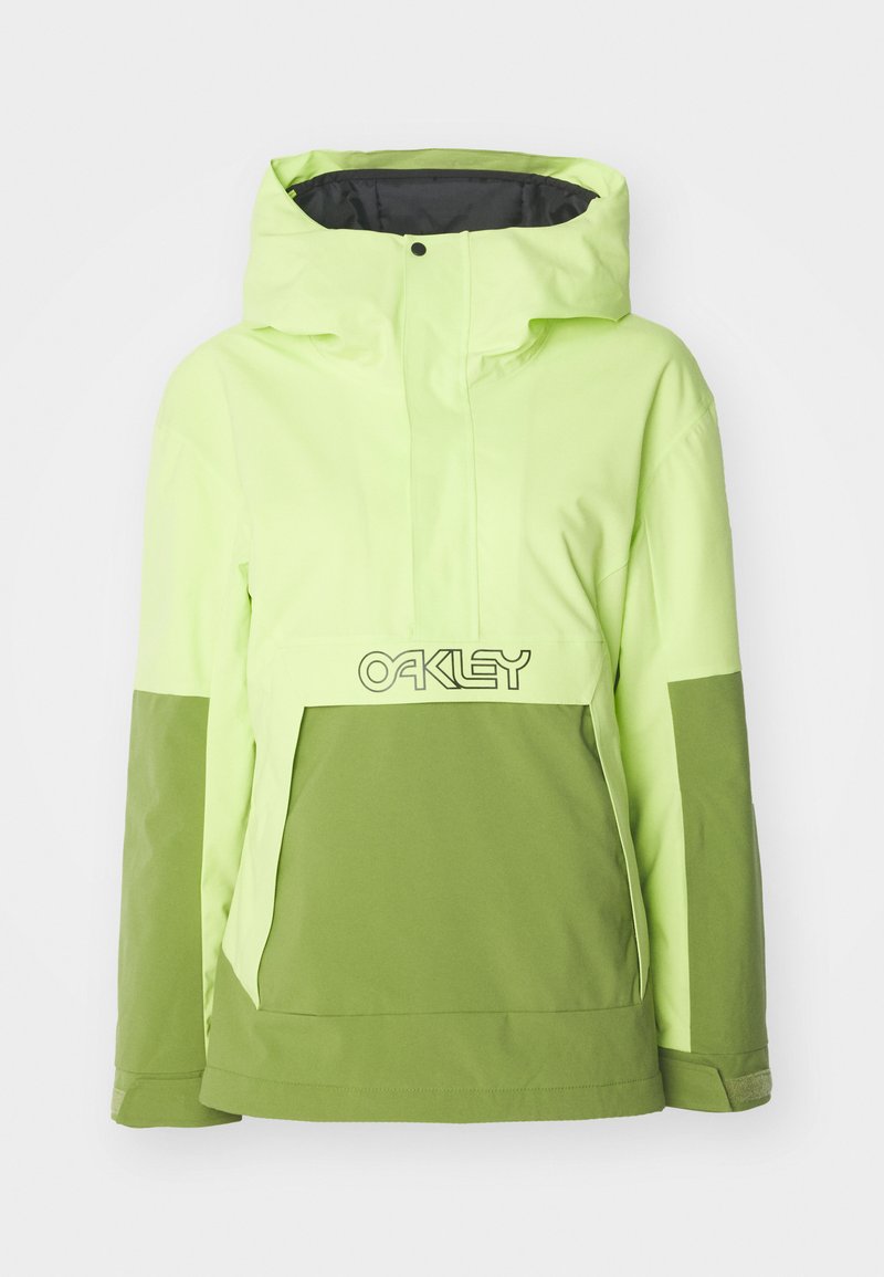Lys neongrön och olivgrön hybridjacka med huva, frampocket och en Oakley-logotyp över bröstet. Slät textur.