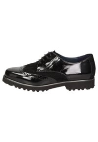 Zwarte brogue schoenen met een glanzende leren afwerking en suede accenten. Voorzien van een vetersluiting en een robuuste rubberen zool voor grip.