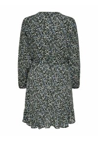 Blumenkleid mit dunklem Hintergrund, kleinen blauen und weißen Blumen, langen Ärmeln, tailliertem Schnitt und rüschengesäumtem Saum.