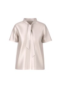 Short-sleeve, light beige blouse with a soft, satin texture and a tied collar detail, featuring a relaxed fit and no visible patterns.