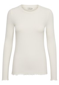 Haut à manches longues blanc à côtelé avec un col rond et un ourlet festonné. Fabriqué en tissu doux, il présente une silhouette ajustée et une texture subtile.