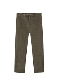 Olivengrønne fløjl bukser med lige pasform, knaplukning og bæltestropper. Stoffet har en ribbet tekstur med subtile lodrette linjer.