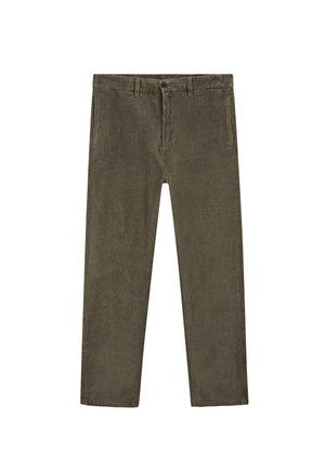 Pantaloni in corduroy verde olivo con vestibilità dritta, chiusura con bottone e passanti per la cintura. Il tessuto presenta una trama a coste con sottili linee verticali.