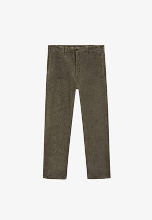 Pantalon en velours côtelé vert olive avec une coupe droite, fermeture à bouton et passants de ceinture. Le tissu présente une texture côtelée avec de subtils lignes verticales.
