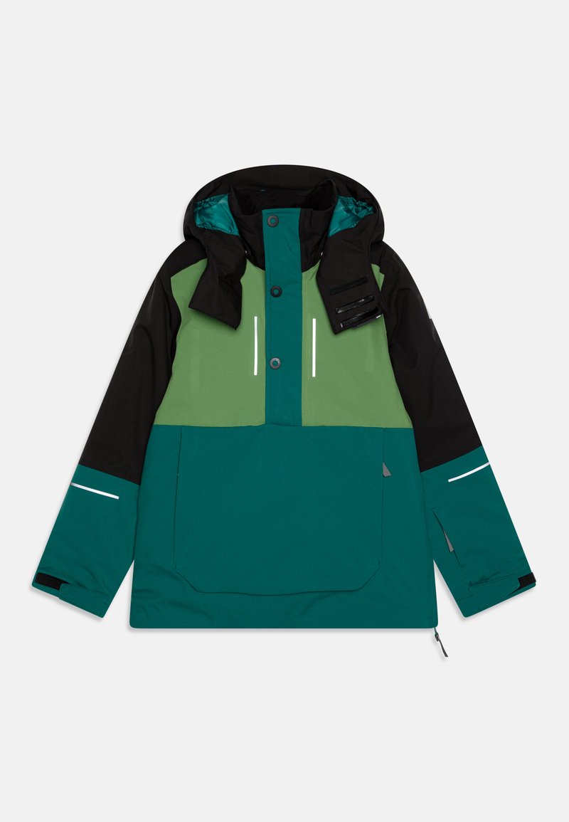 Giacca anorak in blu smeraldo e nero, con zip frontale, cappuccio regolabile, dettagli riflettenti e una tasca frontale con chiusura in velcro.