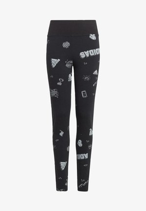 Leggings negros con un diseño ajustado, que presentan gráficos y logotipos deportivos en blanco por todo su recorrido. Material suave y una cinturilla ancha.