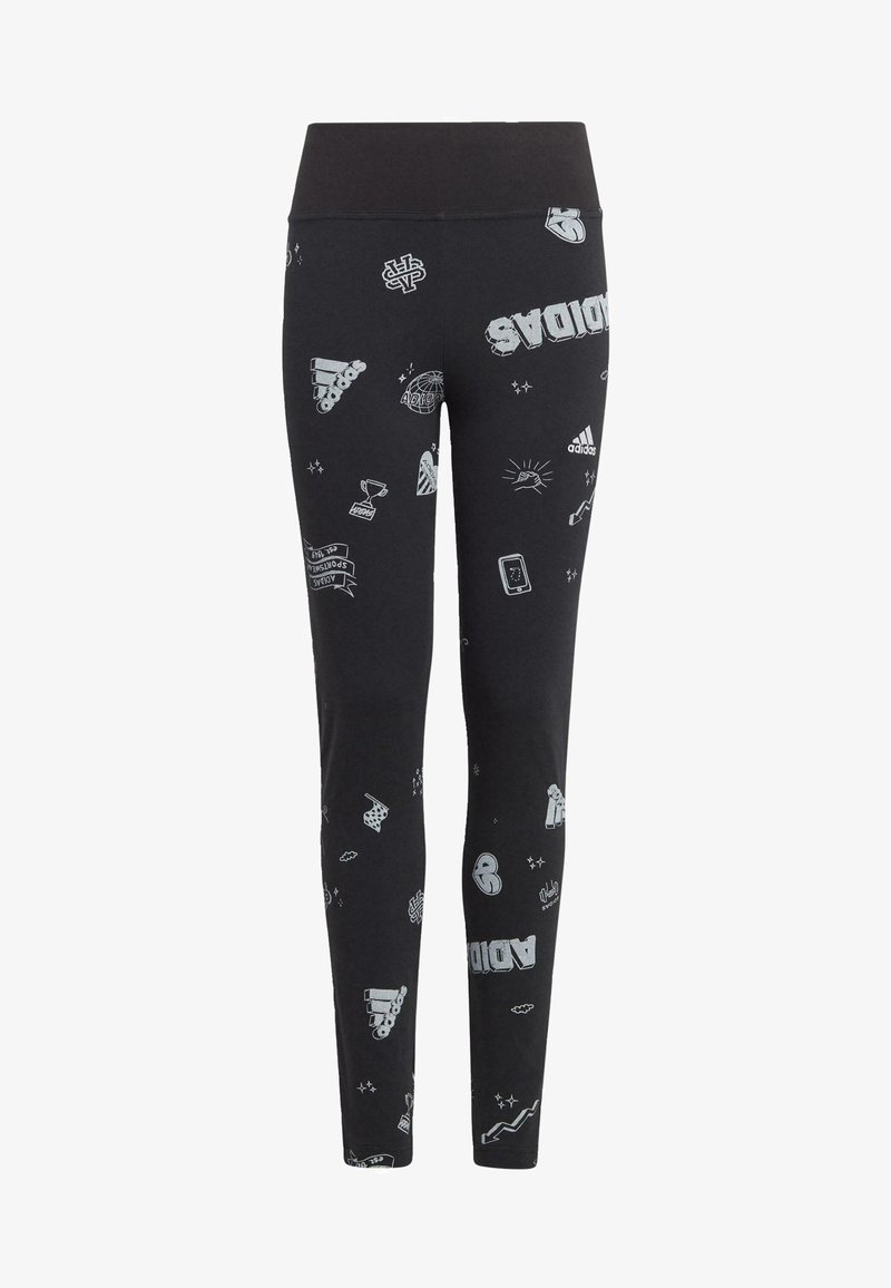 Leggings negros con un diseño ajustado, que presentan gráficos y logotipos deportivos en blanco por todo su recorrido. Material suave y una cinturilla ancha.
