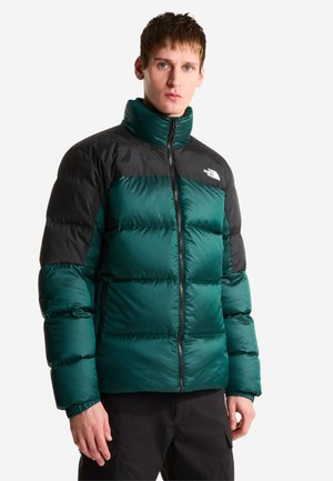 Jonge man met een groene en zwarte donsjas met een hoge kraag, staand tegen een effen witte achtergrond.