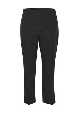 Juodos pritaikytos kelnės su lygiu priekiu, trumpesne ilgio ir tiesaus kirpimo dizainu. Pagamintos iš lygaus audinio be matomų raštų ar akcentų.