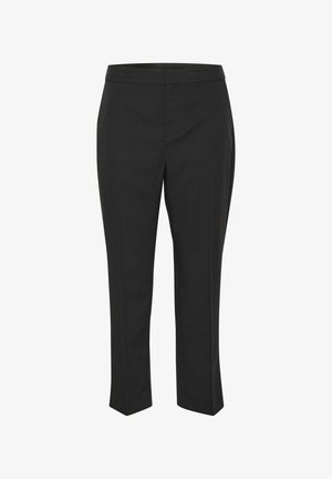 Black tailored trousers with a flat front, cropped length, and straight leg design. Made from smooth fabric with no visible patterns or accents.