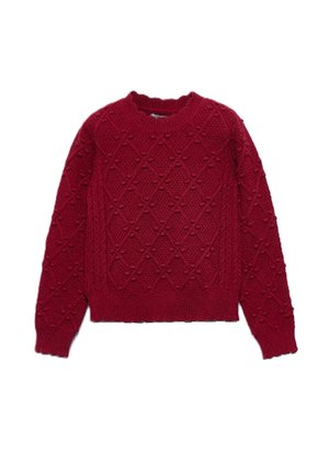 Pull rouge tricoté avec motif losange et détails à pompons, manches longues, poignets et ourlet côtelés, présenté sur fond blanc.