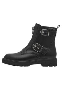 Black ankle boot made of leather with a side zipper, buckle accents, and rugged sole. Features a round toe and stitched design details.