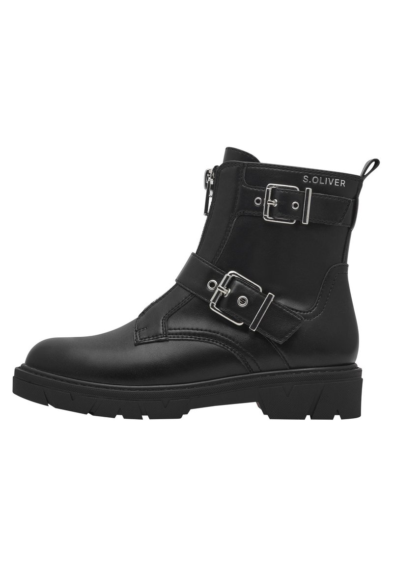 Black ankle boot made of leather with a side zipper, buckle accents, and rugged sole. Features a round toe and stitched design details.