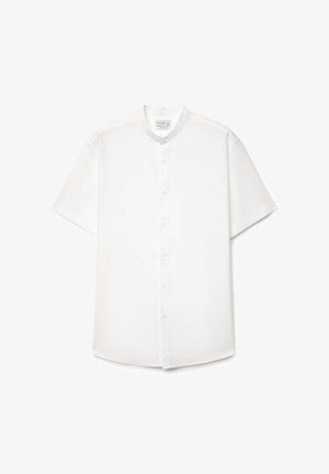 White short-sleeve button-up shirt with band collar, seven buttons, and smooth fabric, laid flat on a white background.