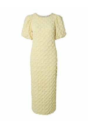 Hele kollane midi-kleit tekstureeritud lillemustri, lühikeste volangkanägudega varrukate ja ümarate kaelustega.