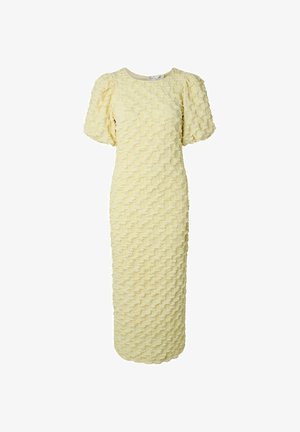 Hele kollane midi-kleit tekstureeritud lillemustri, lühikeste volangkanägudega varrukate ja ümarate kaelustega.