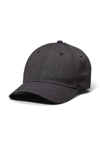 Svart baseballcaps laget av teksturert stoff med rund krone og bøyd skygge. Har brodert "Calvin Klein" logo på fremsiden.