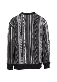 Schwarz-weiß gemusterter Pullover mit vertikalen Streifen und unterschiedlichen Texturen. Gerippte Bündchen und Saum. Die Rückansicht zeigt die Designdetails.