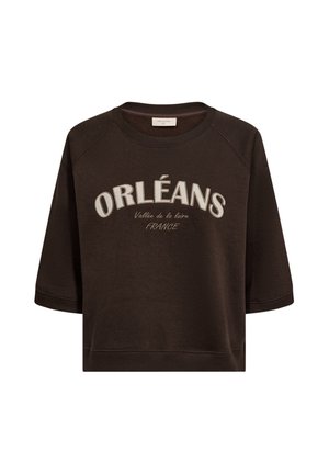 Donkerbruine sweater met korte mouwen, ronde hals en witte tekst "ORLÉANS Vallée de la Loire FRANCE" op de voorkant.