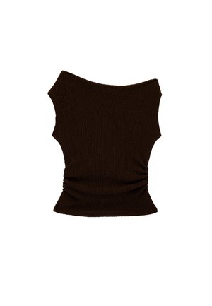 Zwart gebreid mouwloos top met textuur, brede halslijn en lichte plooien bij de taille, aansluitende pasvorm tegen een witte achtergrond.