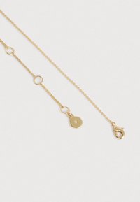 Náhrdelník zo zlatej reťaze s okrúhlymi článkami, okrúhlym príveskom a zapínaním na karabínu. Hladká textúra a lesklý povrch.