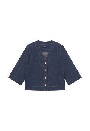 Donkerblauw denim cropped jack met V-hals, gouden knopen aan de voorkant, driekwartmouwen en zichtbare lichtbruine stiksels.