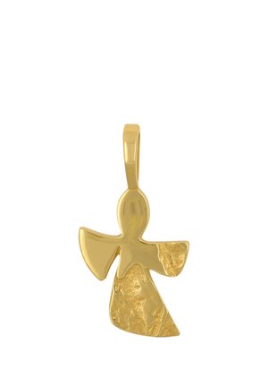 Goldanhänger in Form eines minimalistischen Engels mit strukturierter Unterseite und Flügel, mit einer Öse zum Befestigen an einer Kette.