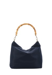 Navy nylon handbag with a slouchy shape, bamboo handle, and metallic hardware accents. Soft texture with no visible patterns.