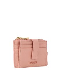 Portafoglio in pelle rosa con finitura testurizzata, dotato di scomparti per carte, un vano con zipper e accessori in tonalità oro. L'etichetta riporta "BOGNER."