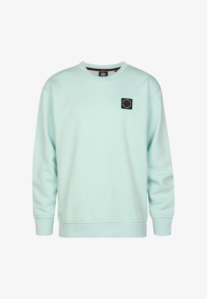 Hellblauer Pullover mit Rundhalsausschnitt und kleinem schwarzem Logo-Patch, kombiniert mit schlanken blauen Jeans und weißen Sneakers.