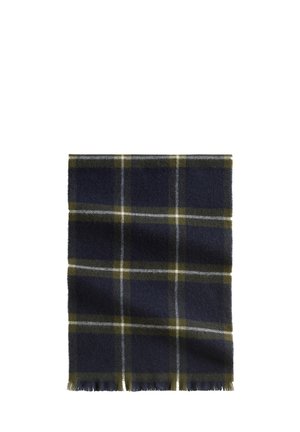 Plaid scarf made of wool, featuring a dark blue base with green and white lines. Edges are fringed. Soft texture. Square shape.