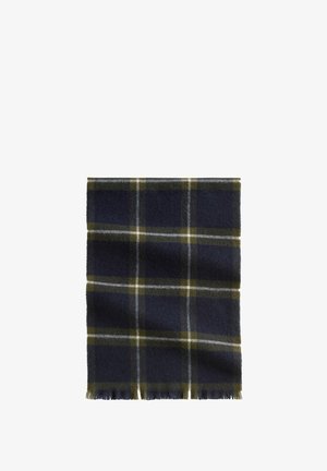 Czarny szalik w kratę, wykonany z wełny, z ciemnoniebieskim tłem i zielonymi oraz białymi liniami. Krawędzie są frędzlowane. Miękka tekstura. Kwadratowy kształt.