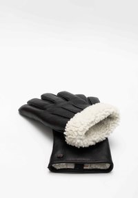 Schwarze Lederhandschuhe mit einem weißen Kunstpelzbesatz. Sie verfügen über eine glatte Textur und Nahtdetails und sind für Wärme und Komfort konzipiert.