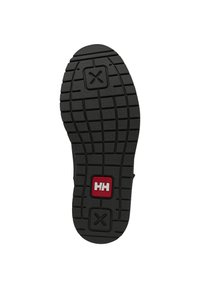 Suela de zapato de goma negra con una superficie texturizada, que presenta un patrón de cuadrícula para tracción y un logo rojo en el centro.