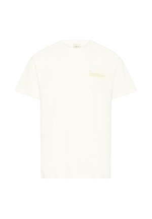 Valge lühikeste varrukatega ümara kaelusega T-särk, millel vasakul rinnal on väike kahvatu kollase tooniga "Soulscape" tekst, ühevärviline disain.