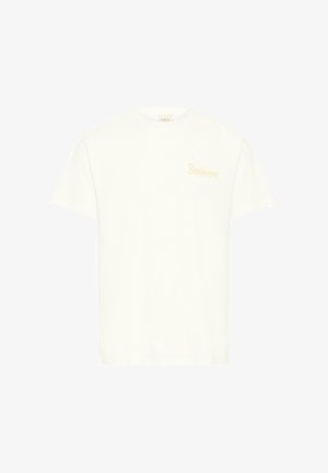 Valge lühikeste varrukatega ümara kaelusega T-särk, millel vasakul rinnal on väike kahvatu kollase tooniga "Soulscape" tekst, ühevärviline disain.