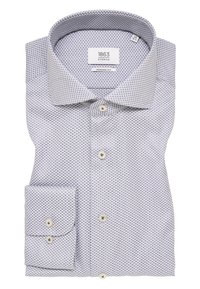 Lichtblauw en witte button-up overhemd met een structuurpatroon, voorzien van een gespreide kraag, lange mouwen en een enkele borstzak.