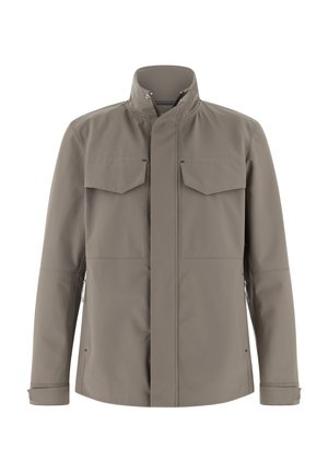 Lichtgrijze waterdichte jas met een hoge kraag, twee borstzakken en ritssluitingen aan de zijkanten, met een gladde, matte afwerking.