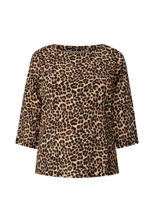 Oberteil mit Leopardenmuster in Schwarz und Beige, mit weiter Halslinie und dreiviertellangen Ärmeln. Weiche Stofftextur.