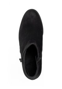 Zwarte suède enkellaarzen met een gladde textuur, een pointed toe en een zijrits. Kenmerkt zich door een minimalistisch ontwerp en een slanke silhouet.