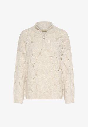 Pull en maille de couleur crème avec des manches longues, un zip demi-avant avec un tirette en forme d'étoile, et un design de dentelle à motifs.