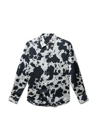 Camicia a maniche lunghe in tessuto liscio con stampa maculata bianca e nera, colletto classico e chiusura con bottoni, orlo arrotondato e polsini.